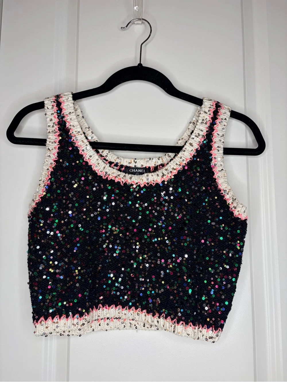 Chanel Sequin Knit Tank Top Black Multicolor CC Size 40 XS S
